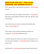 Medication Aide Unit 1 final exam questions  and answers rated A+