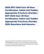 2024 DCF Child Care 40 Hour Certification- Infant and Toddler Appropriate Practices (Florida) / DCF Child Care 40 Hour Certification- Infant and Toddler Appropriate Practices (Florida) 2024 Questions And Answers